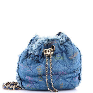 Chanel Medium Denim Mood Chain Bucket Bag Logo Printed Quilted Fringe Denim